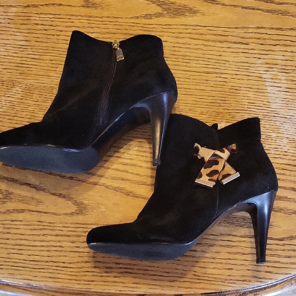 NWOT Talbots Black High Suede Heel Booty With A Cow Hide Embelishment On Side